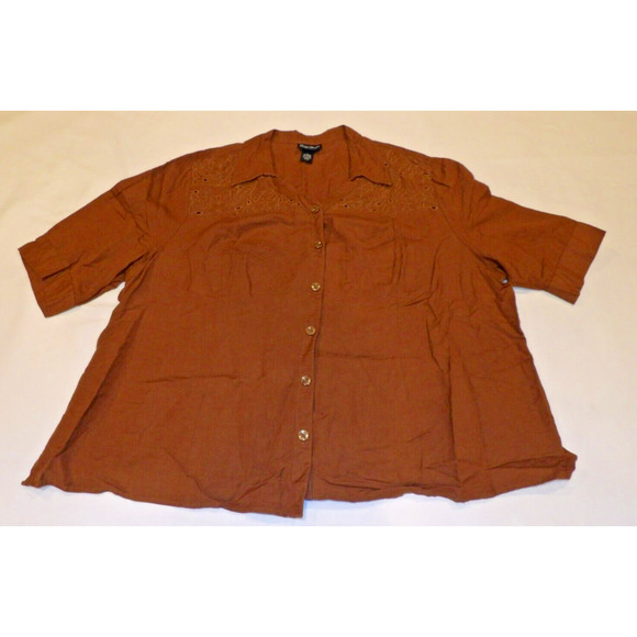 Maggie Barnes 3X 26/28 Shirt Blouse Top Linen Brown Button Up Casual Embroidered - Picture 1 of 11